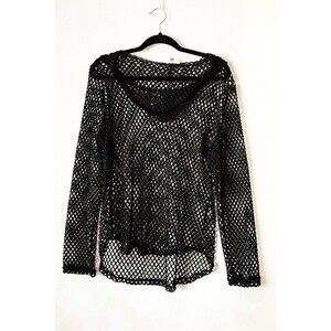 Persaya Black Mesh Hoodie top 1X Goth punk rave Y2K Sheer open Weave